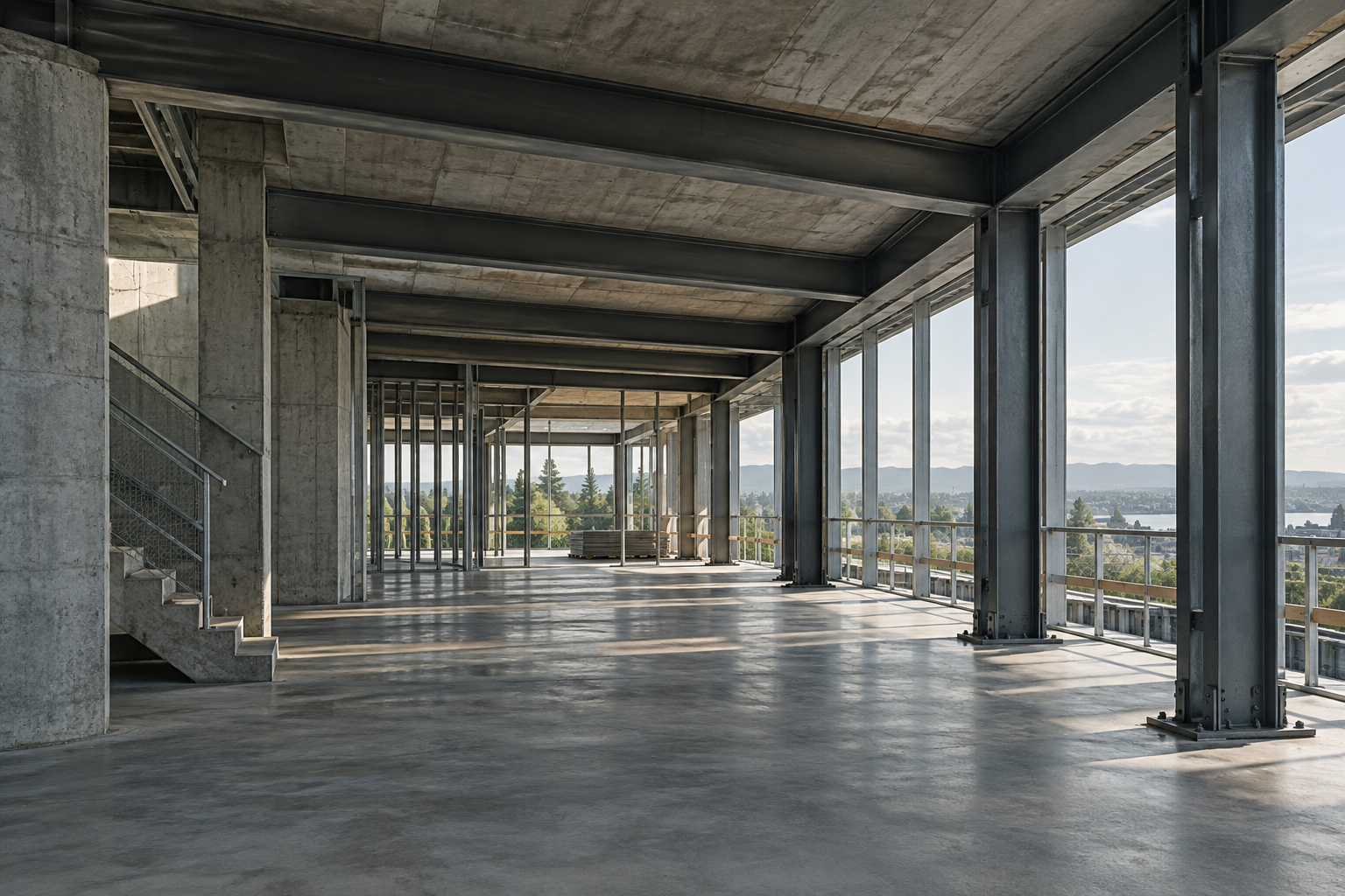 Illustrative concrete and steel commercial building interior under construction